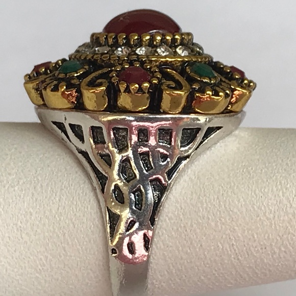 Art Deco Dome Cocktail Ring Size 8 Silver Gold Plated Statement Boho Style - Picture 4 of 8